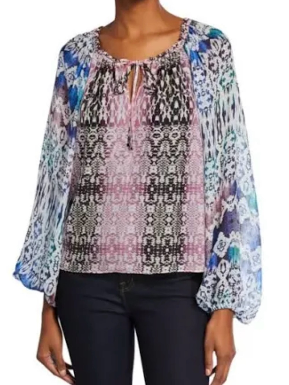 Ramy Brook Kayden Silk Snakeskin Print Peasant Blouse Long Semi Sheer Sleeves M
